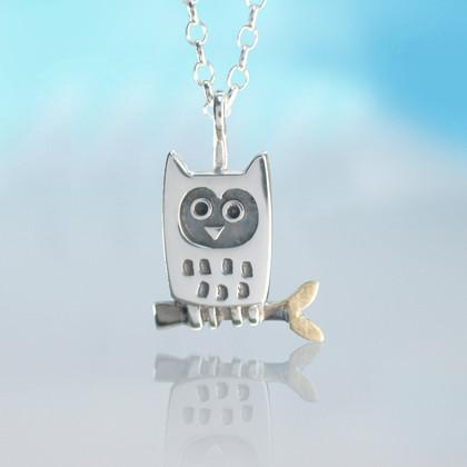 Owl on branch silver and gold necklace | Alan Ardiff at Painted Earth