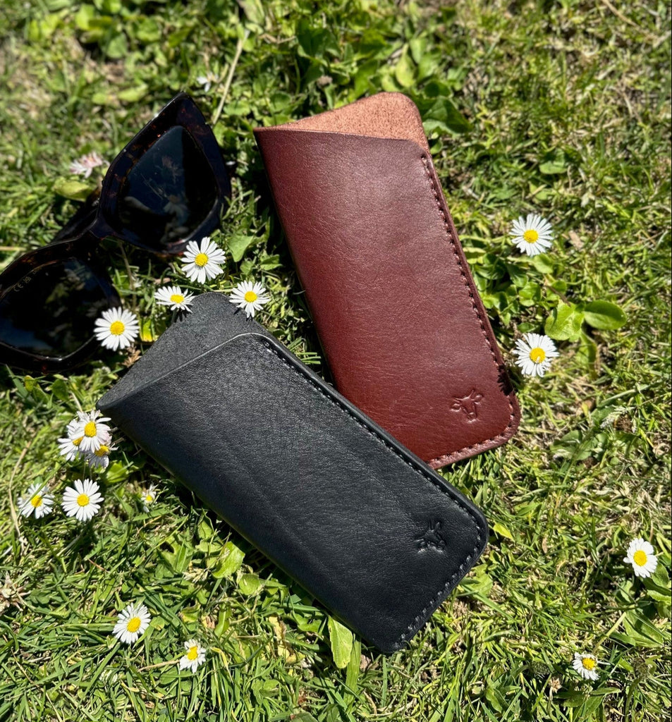 Two sunglasses cases, one black and one brown, on grass with daisies.