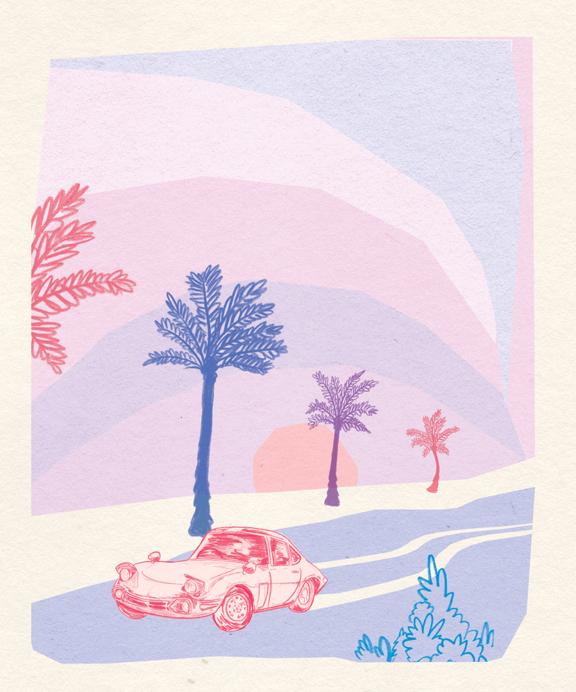 Illustration Vintage Car Palm Trees Pastel Colours